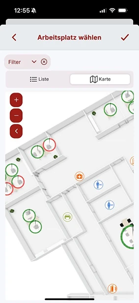 In der App einen Arbeitsplatz wählen.